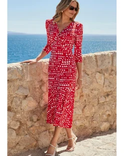 Sosandar Red Spot Print Twost Front Ruched Sleeve Fit and Flare Dress