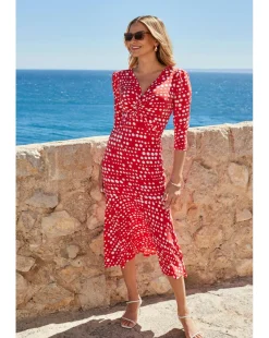 Sosandar Red Spot Print Twost Front Ruched Sleeve Fit and Flare Dress