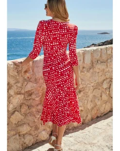Sosandar Red Spot Print Twost Front Ruched Sleeve Fit and Flare Dress