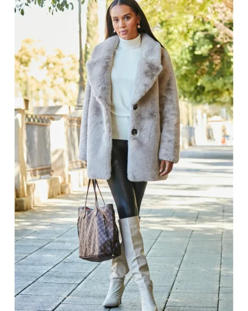 Sosandar Taupe Premium Faux Fur Coat with Button Detail