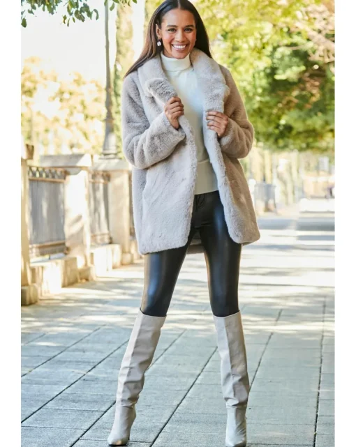 Sosandar Taupe Premium Faux Fur Coat with Button Detail
