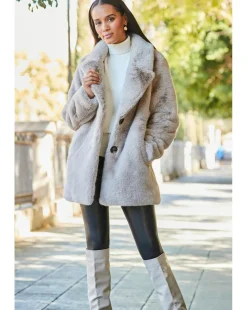 Sosandar Taupe Premium Faux Fur Coat with Button Detail