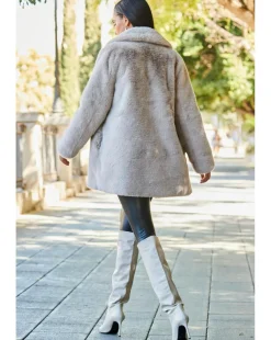 Sosandar Taupe Premium Faux Fur Coat with Button Detail