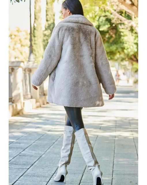 Sosandar Taupe Premium Faux Fur Coat with Button Detail