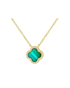 Sterling Silver Yellow Gold Plated Clover Malachite and CZ Necklace