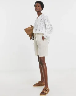 Stone Linen Mix Knee Length Shorts