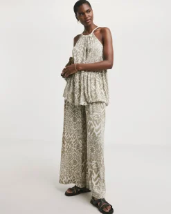 Taupe Print Crinkle Palazzo Trousers