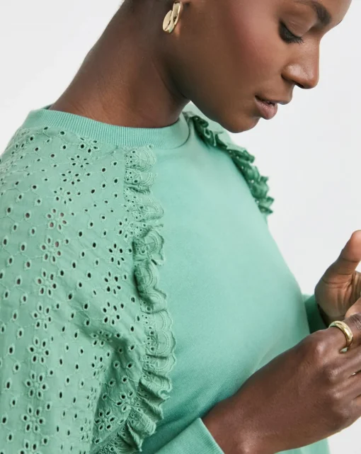 Teal Broderie Sleeve Frill Detail Sweat