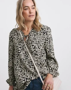Tie Detail Ruched Long Sleeve Blouse - Mono Print