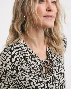 Tie Detail Ruched Long Sleeve Blouse - Mono Print