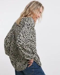Tie Detail Ruched Long Sleeve Blouse - Mono Print
