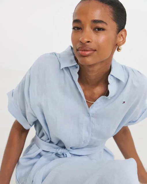 Tommy Hilfiger Linen Belted Short Sleeve Midi Dress