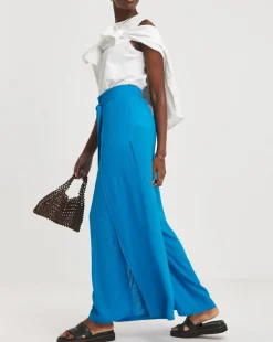 Turquoise Crinkle Wide Leg Wrap Trousers