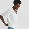 V-Neck Broderie Yoke and Sleeve Bubble Hem Top