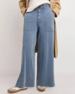 Washed Blue Cotton Mix Jersey Wide Leg Trouser