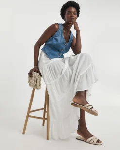 White Crinkle Tiered Maxi Skirt