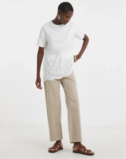 White Short Sleeve Broderie Hem Top