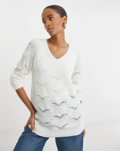 White V-neck Open Stitch Tunic