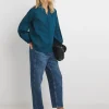 Womens Cotton Poplin Collarless Button Through Blouse - Navy