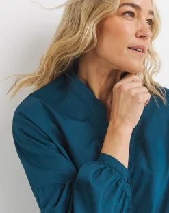 Womens Cotton Poplin Collarless Button Through Blouse - Navy
