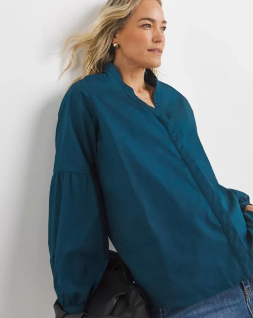 Womens Cotton Poplin Collarless Button Through Blouse - Navy
