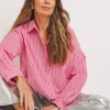 Womens Cotton Poplin Oversized Long Sleeve Shirt - Pink Stripe
