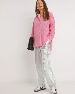 Womens Cotton Poplin Oversized Long Sleeve Shirt - Pink Stripe