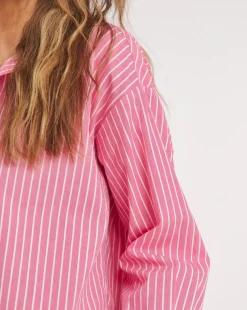 Womens Cotton Poplin Oversized Long Sleeve Shirt - Pink Stripe