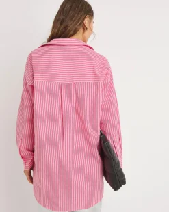 Womens Cotton Poplin Oversized Long Sleeve Shirt - Pink Stripe