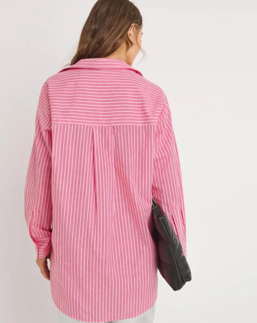 Womens Cotton Poplin Oversized Long Sleeve Shirt - Pink Stripe
