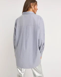 Womens Diamante Oversized Long Sleeve Shirt - Blue Stripe