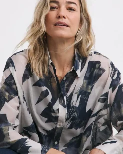 Womens Extreme Oversized Voile Shirt - Ivory Print