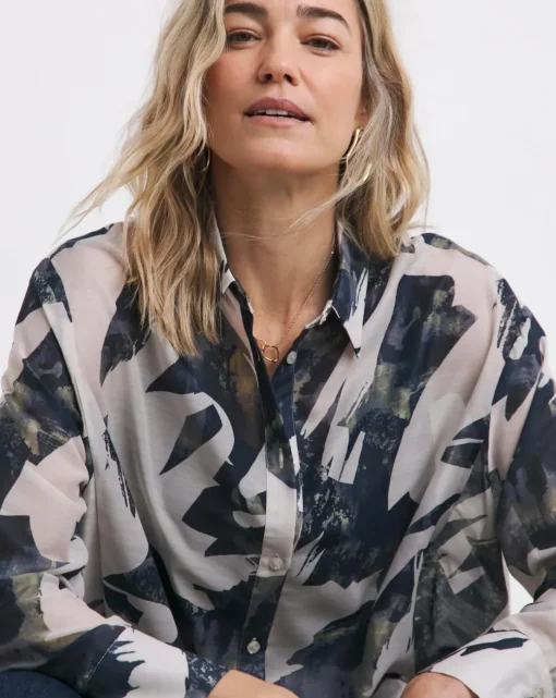 Womens Extreme Oversized Voile Shirt - Ivory Print
