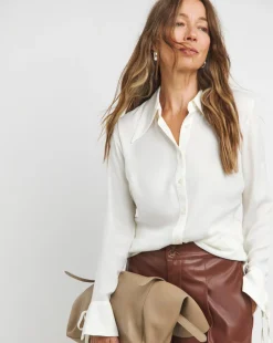 Womens Hammered Satin Oversized Long Sleeve Shirt - Ivory
