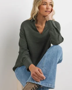 Womens Herringbone Collar Detail Long Sleeve Blouse - Khaki