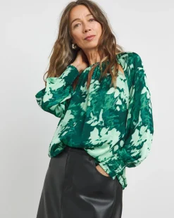 Womens Satin Cut Out Detail Long Sleeve Blouse - Green Floral