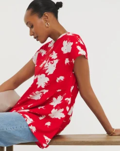Womens Short Sleeve Smock Top - Red Floral
