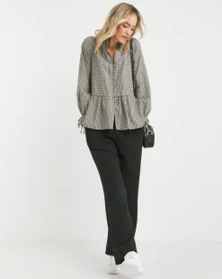 Womens Smock Frill Detail Button Through Blouse - Natural Check