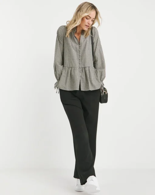 Womens Smock Frill Detail Button Through Blouse - Natural Check