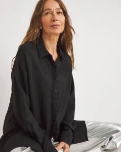 Womens Textured Oversized Long Sleeve Shirt - Black