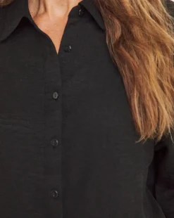 Womens Textured Oversized Long Sleeve Shirt - Black